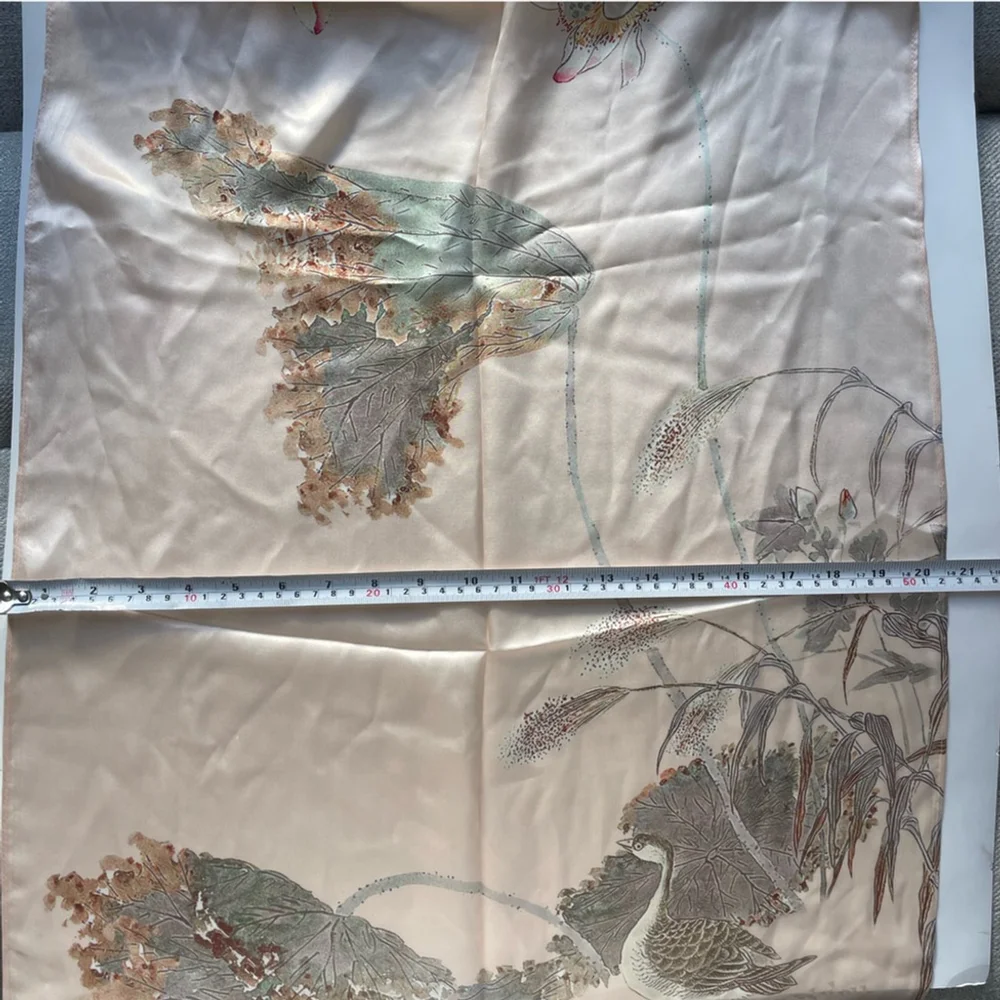 new Silk Illustrated Scarf Botanical & Bird Print Neutral Blush Tones 20” x 66”